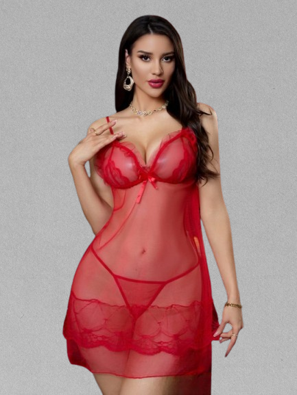 Luxe Sheer Elegance Nightwear Set – Sensual Lace & Mesh Babydoll with Matching Panty