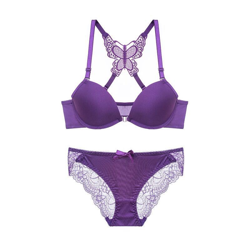 Butterfly Lace Front-Open Lightly Padded Bra & Panty Set – Soft Malai & Net Fabric