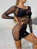 Black Rhinestone Long-Sleeve Fishnet Mini Dress – Sexy & Glamorous