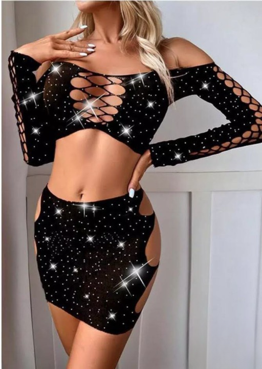 Rhinestone Cutout Two-Piece Set – Off-Shoulder Crop Top & High-Slit Mini Skirt